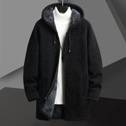 Men’s Fleece-Lined Hooded Cardigan Sweater – Mid-Length Zip-Up Winter Jacket