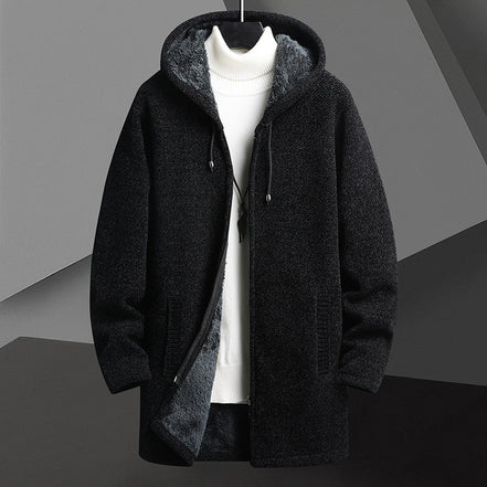 Men’s Fleece-Lined Hooded Cardigan Sweater – Mid-Length Zip-Up Winter Jacket
