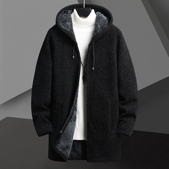 Men’s Fleece-Lined Hooded Cardigan Sweater – Mid-Length Zip-Up Winter Jacket