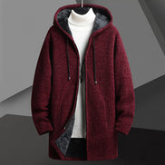 Men’s Fleece-Lined Hooded Cardigan Sweater – Mid-Length Zip-Up Winter Jacket