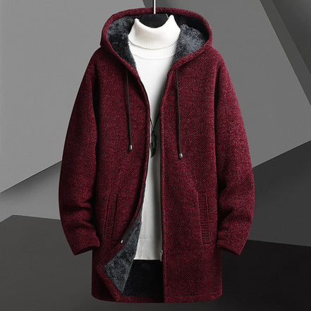 Men’s Fleece-Lined Hooded Cardigan Sweater – Mid-Length Zip-Up Winter Jacket