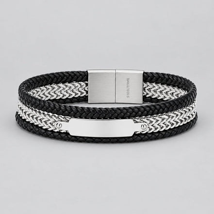 Men's Steel Biker Bracelet. Black Leather Braided Chain Multi-Layer Magnetic Clasp