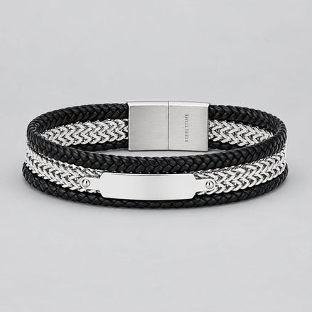 Men's Steel Biker Bracelet. Black Leather Braided Chain Multi-Layer Magnetic Clasp
