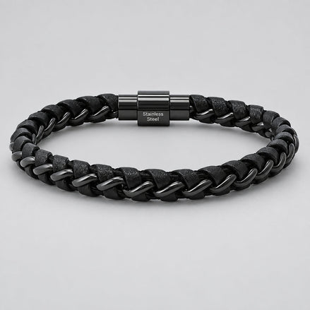 Men's Black Steel Magnetic Bracelet. Braided Leather Chain Link Biker Jewelry