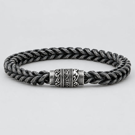 Men's Oxidized Steel Chain Bracelet. Wheat Link Engraved Magnetic Clasp Biker Jewelry