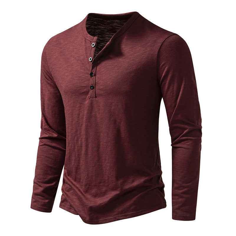 Men's Long-sleeved T-shirt Fashion Casual Solid Color Pullover Button Top Autumn And Spring Clothing