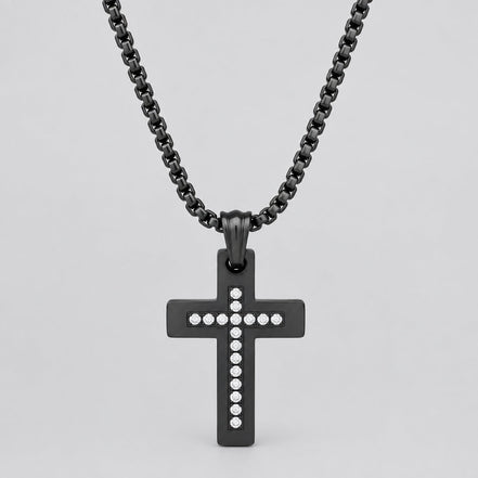 Men's Black Steel Cross Necklace with Stones. Rolo Chain Biker Pendant