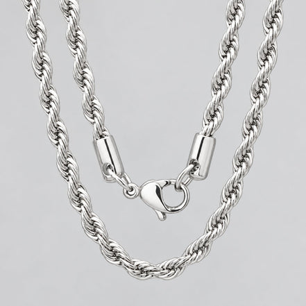 Men’s 24" Stainless Steel Silver Rope Chain Necklace. Heavy-Duty Biker Necklace