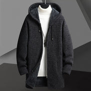 Men’s Fleece-Lined Hooded Cardigan Sweater – Mid-Length Zip-Up Winter Jacket