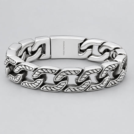 Men’s Heavy Stainless Steel Cuban Link Bracelet. Oxidized Chevron Accent Biker Chain