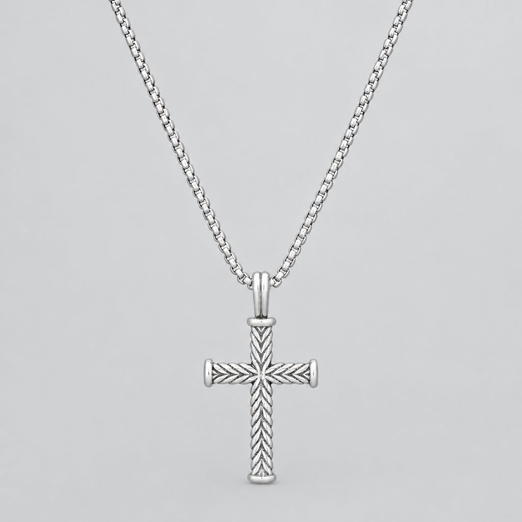 Men’s Stainless Steel Twist Design Cross Pendant. Textured Biker Wheat Chain Necklace