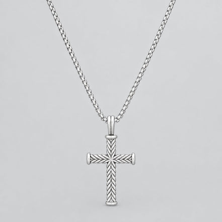 Men’s Stainless Steel Twist Design Cross Pendant. Textured Biker Wheat Chain Necklace