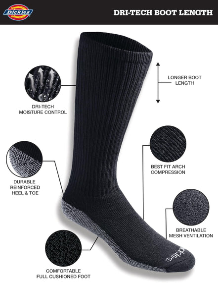 Dickies Men's Multi-Pack Dri-tech Moisture Control Boot-Length Socks, Black (6 Pairs), Shoe Size: 6-12 🍁 All In One Marketplace Canada