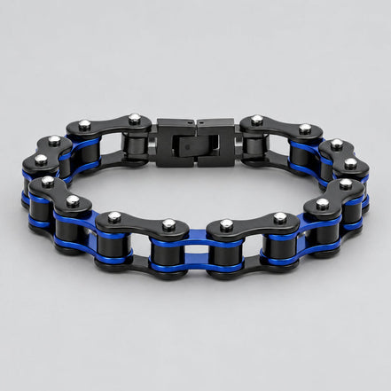 Men’s Two-Tone Black & Blue IP Stainless Steel Bicycle Chain Link Biker Bracelet