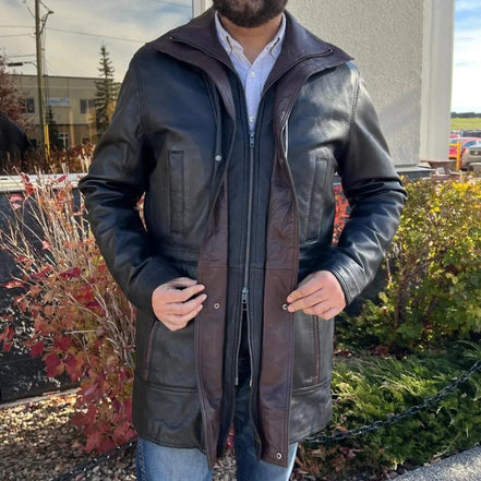 BOL Men's Double Collar Two-Tone Long Coat | Leather Jacket
