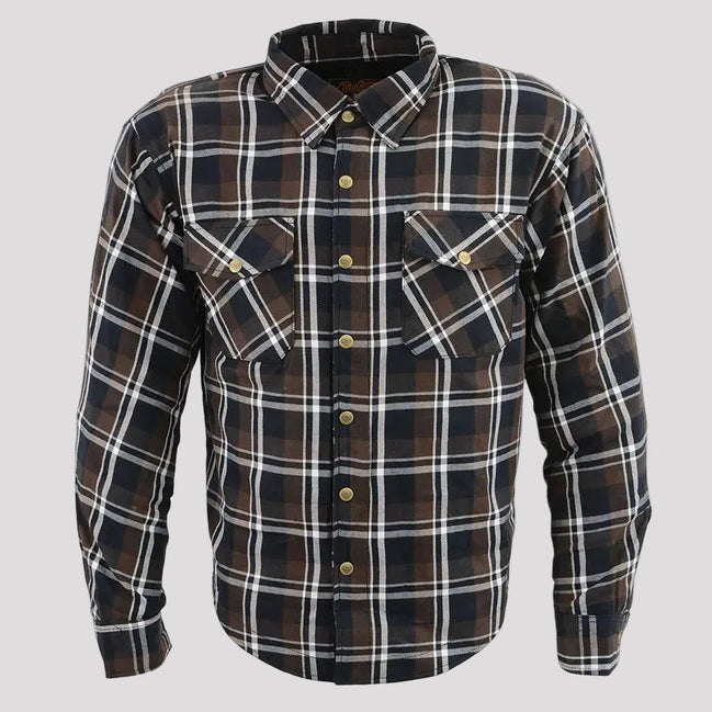 Milwaukee Leather Men's Brown Checkered Armored Flannel Biker Shirt with Reinforced Fibers