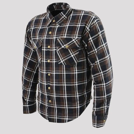 Milwaukee Leather Men's Brown Checkered Armored Flannel Biker Shirt with Reinforced Fibers
