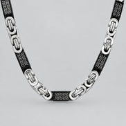 SteelTime Men's Two Tone Stainless Steel and Black IP Byzantine Necklace with Greek Key Accents