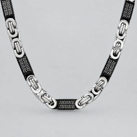 SteelTime Men's Two Tone Stainless Steel and Black IP Byzantine Necklace with Greek Key Accents