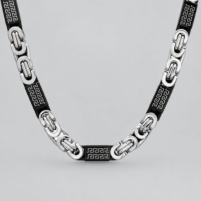 SteelTime Men's Two Tone Stainless Steel and Black IP Byzantine Necklace with Greek Key Accents
