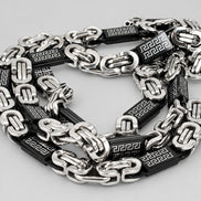 SteelTime Men's Two Tone Stainless Steel and Black IP Byzantine Necklace with Greek Key Accents