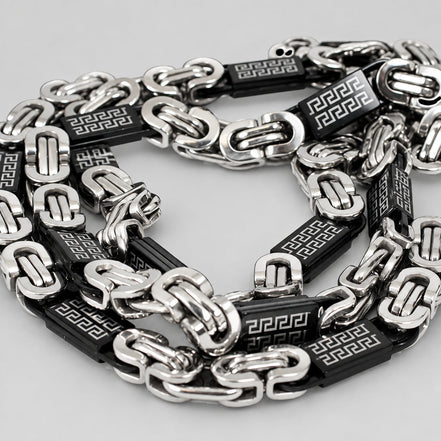 SteelTime Men's Two Tone Stainless Steel and Black IP Byzantine Necklace with Greek Key Accents