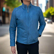Men’s Sheep Leather Jacket. Classic Stand Collar with 2 Pockets