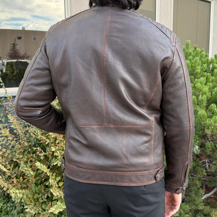 Men's Lamb Leather Jacket. Brown Vintage Style with Zip Pockets