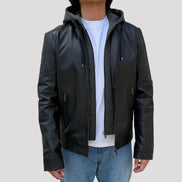 Men's Lamb Leather Hoodie Jacket with Detachable Hood