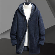 Men’s Fleece-Lined Hooded Cardigan Sweater – Mid-Length Zip-Up Winter Jacket