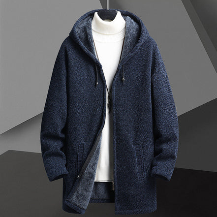 Men’s Fleece-Lined Hooded Cardigan Sweater – Mid-Length Zip-Up Winter Jacket