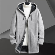 Men’s Fleece-Lined Hooded Cardigan Sweater – Mid-Length Zip-Up Winter Jacket
